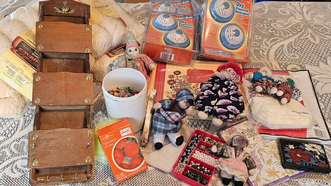 Lot: Yarn, Dolls, Sewing Supplies, Wooden Organizer, Doilies