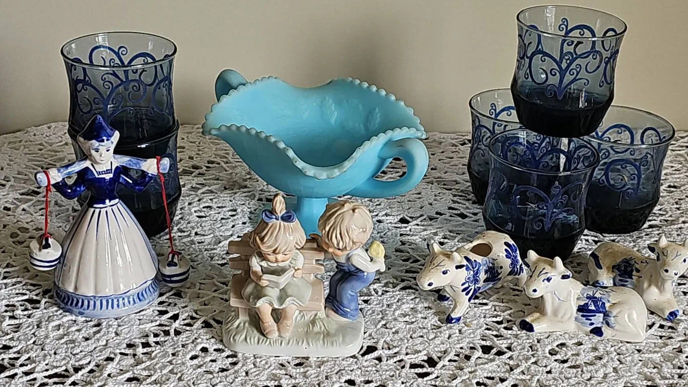 Blue Glass and Ceramic Figurines and Tableware Lot