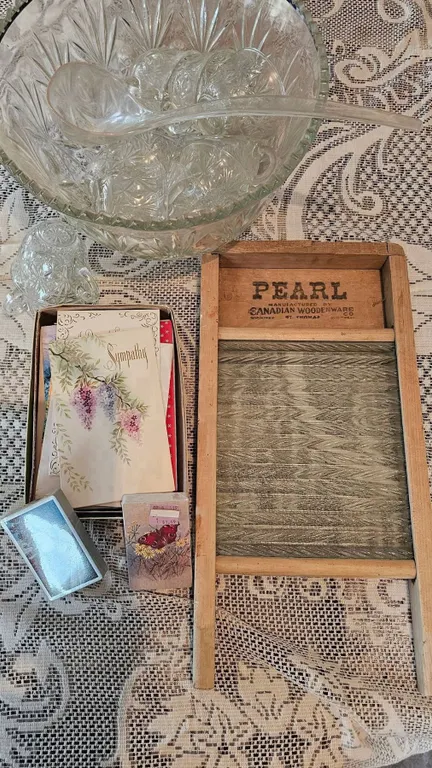 Pearl Canadian Woodware Glass Washboard, Punch Bowl Set, Cards