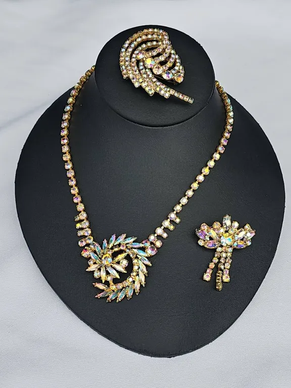 Aurora Borealis Rhinestone Necklace and Brooch Set