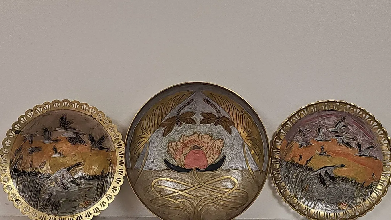 3 Brass Decorative Embossed Plates With Scenic Designs