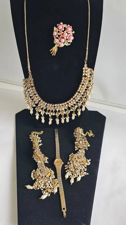 Gold-Tone Kundan Necklace Set, Pink Floral Brooch, and Bulova Quartz Watch