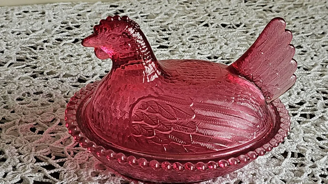 Ruby Red Pressed Glass Hen on Nest Covered Dish