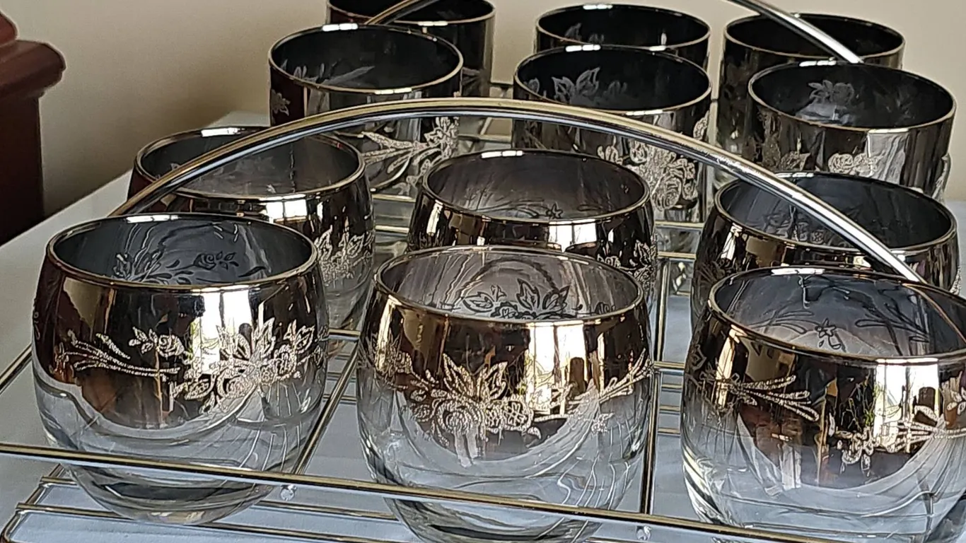 12 Silver Rimmed Floral Glasses with Dual Metal Caddies