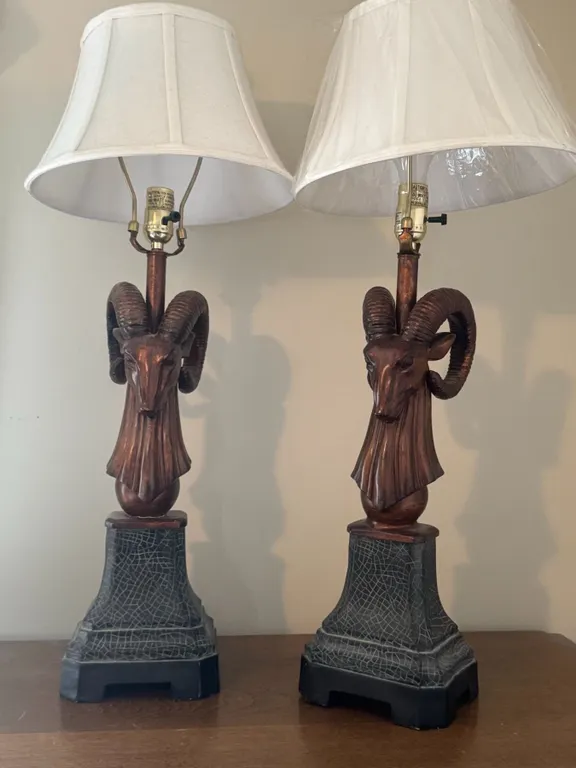 Unique Table Lamps with Ram Head Sculptures