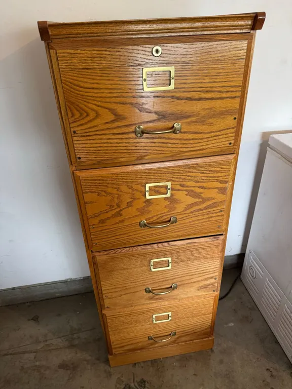 Oak Four-Drawer Vertical Filing Cabinet with Brass Hardware