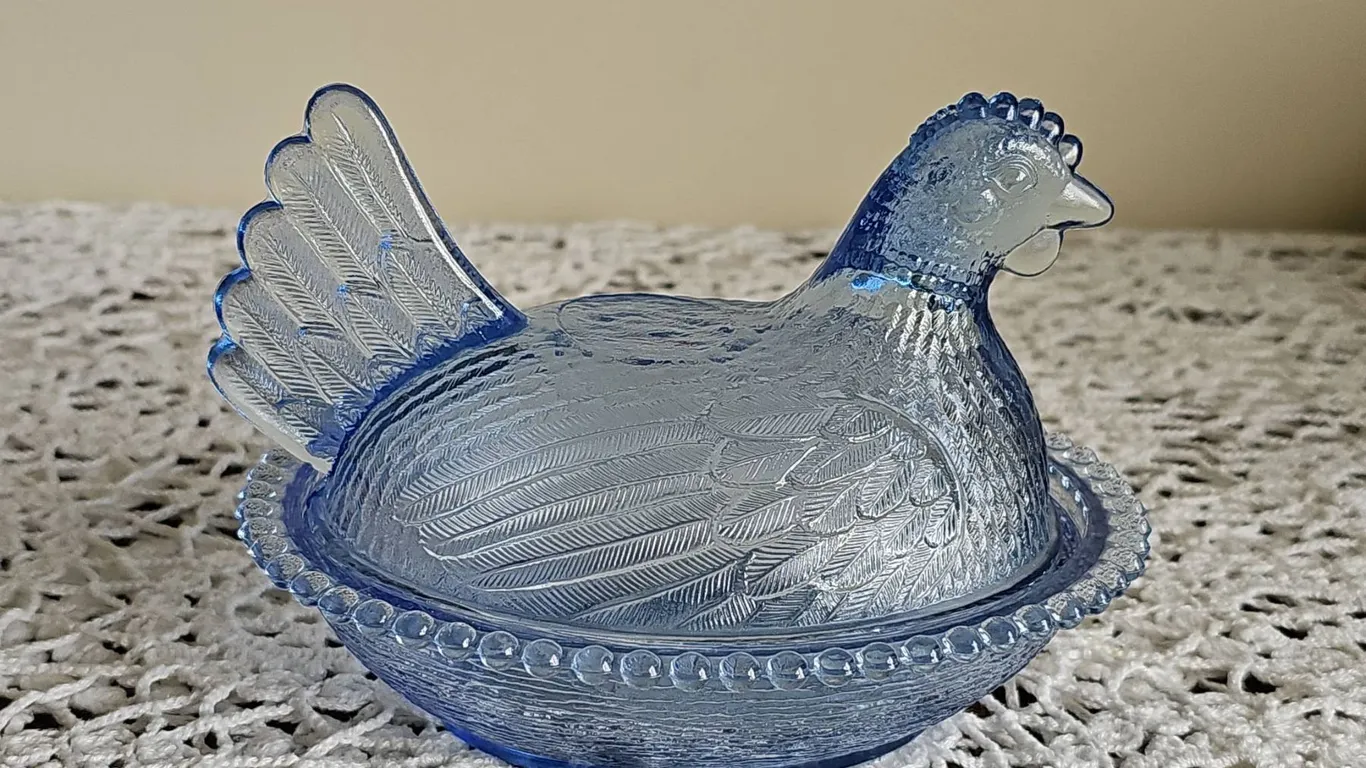 Blue Pressed Glass Hen-on-Nest Covered Candy Dish