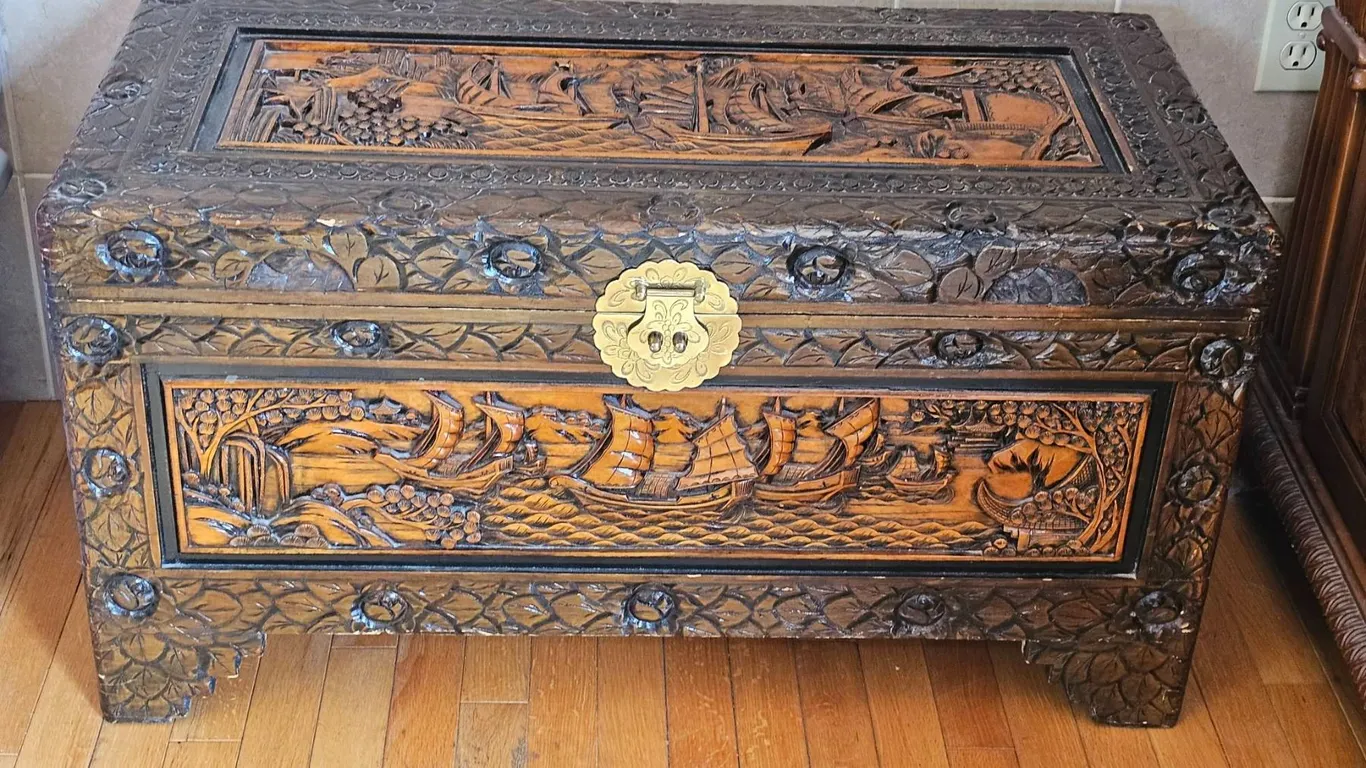 Hand-Carved Wooden Chest with Brass Hardware, Asian Sailing Ship Motif
