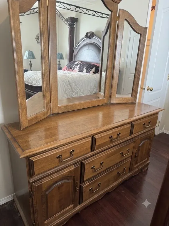 Oak Dresser With Triple Mirror And Brass Handles
