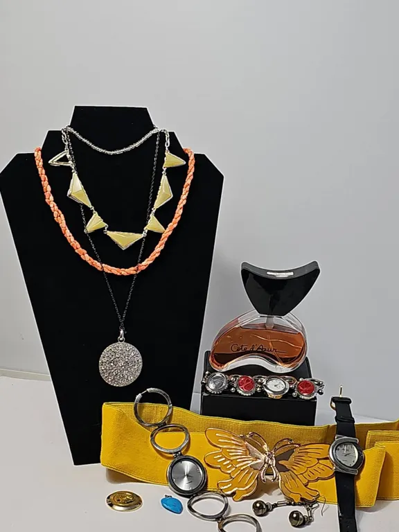Jewellery and Accessory Lot with Watches, Perfume, and Brooch