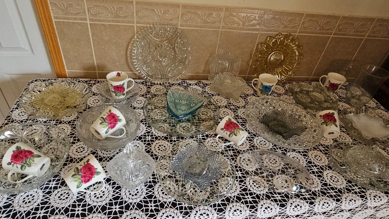 Pressed and Cut Glassware with Floral China Mugs