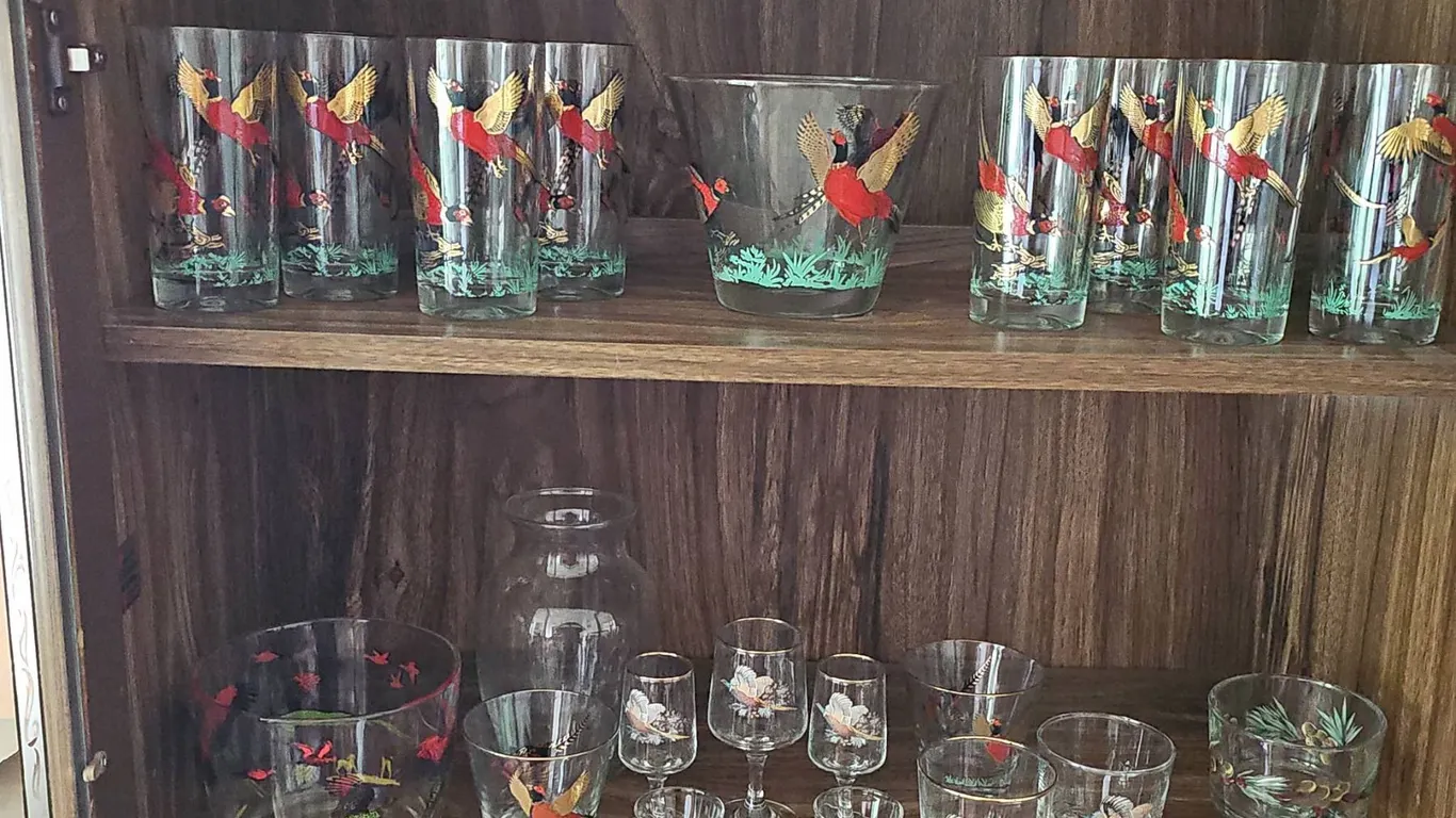 Mid-Century Bird Motif Glassware Set, Assorted Pieces