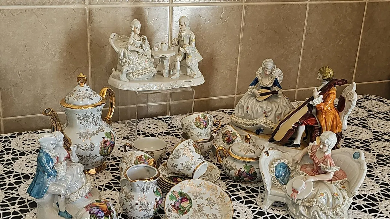 Porcelain Figurines and Gilded Tea Set Collection