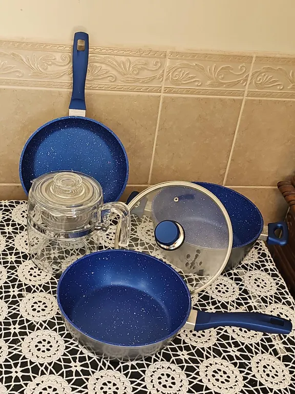 Nonstick Blue Speckled Cookware Set with Glass Percolator