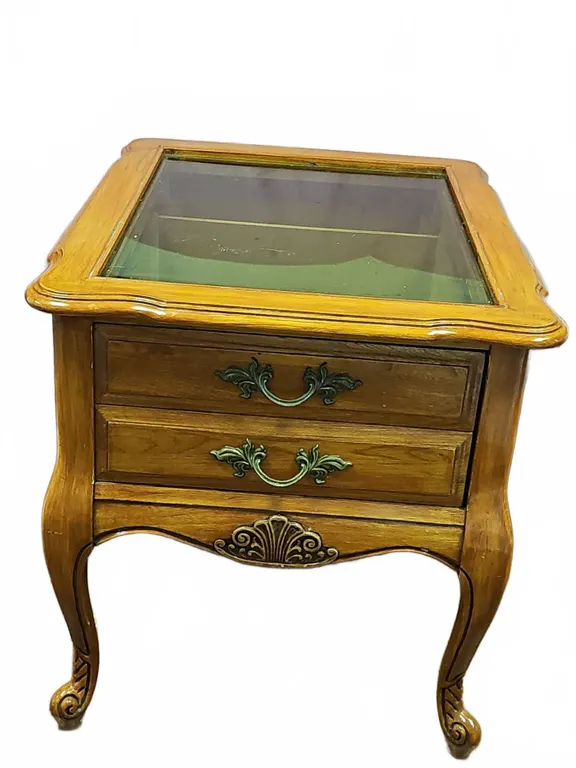 Wood And Glass Display Side Table With Two Drawers