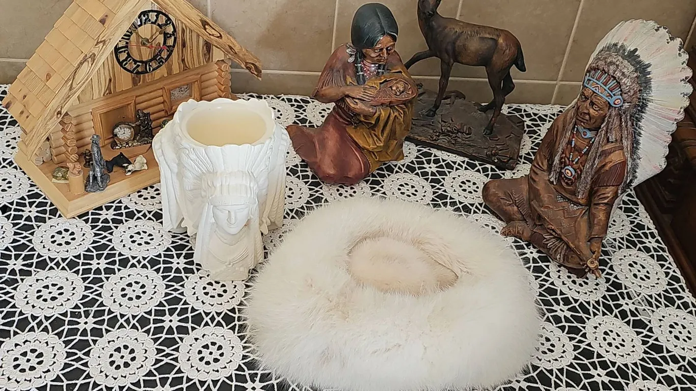 Figurines, Wooden Cabin Clock, and Hurwitz Fur Hat