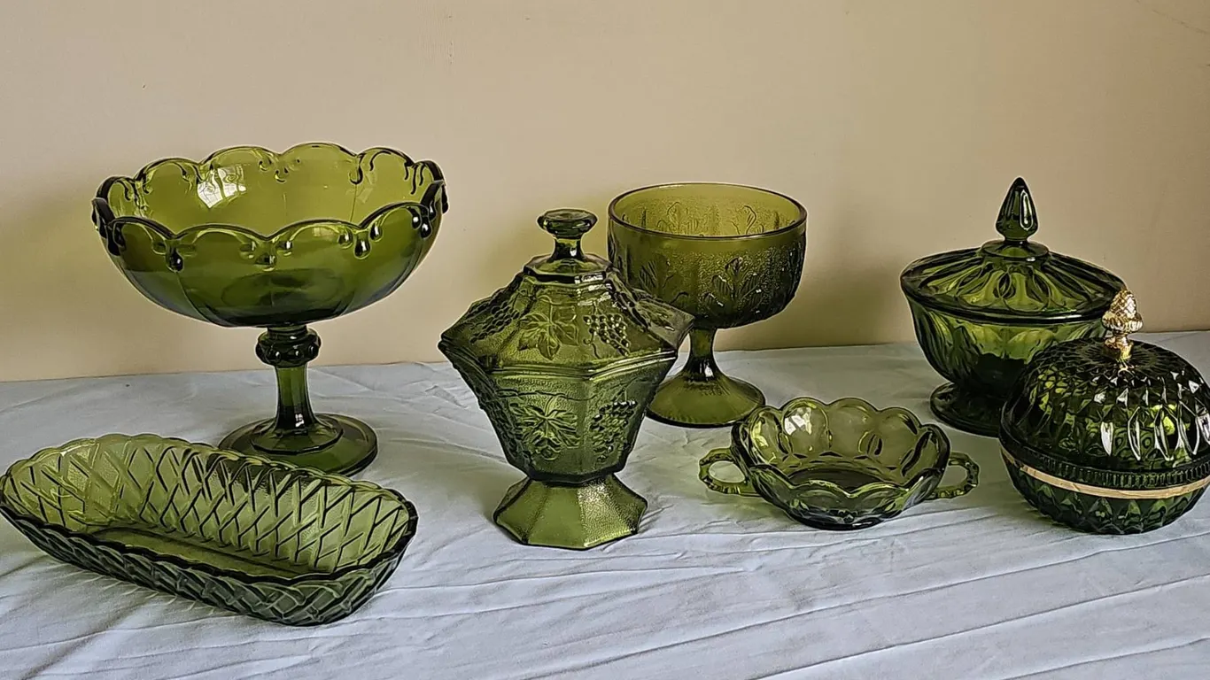 Green Pressed Glass Dishes and Candy Containers, 7 Pieces