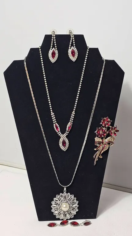 Avon 2013 Brooch, Red Rhinestone Jewelry Set, and Faux Pearl Pendant