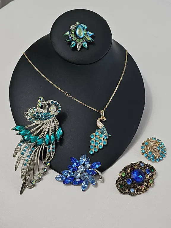 Costume Jewellery Peacock Brooches, Floral Brooch, and Pendant