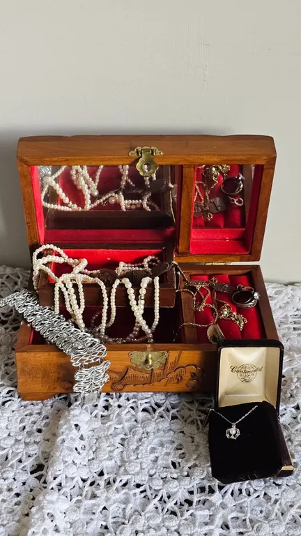 Jewellery Lot With Carved Wood Box, Continental Bijoux Necklace, Pearls, Rings