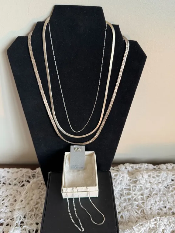 Sterling Silver Necklace Lot, Two Chains, and Argenti Stud Earrings