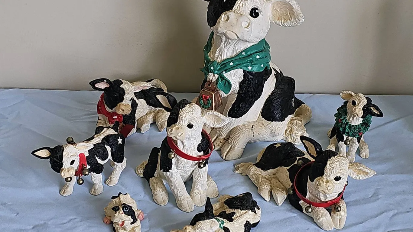 8 Black and White Cow Figurines Resin with Holiday Accents