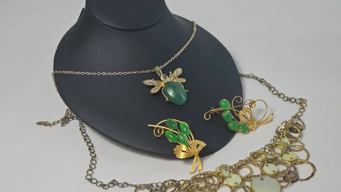 Costume Jewellery With Green Stones and Gold Tone Metal