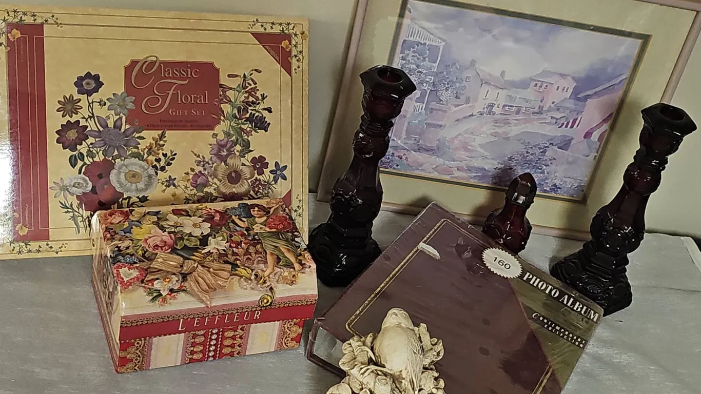 Decorative Gift Set Lot Including Candle Holders, Trinket Box, Framed Print