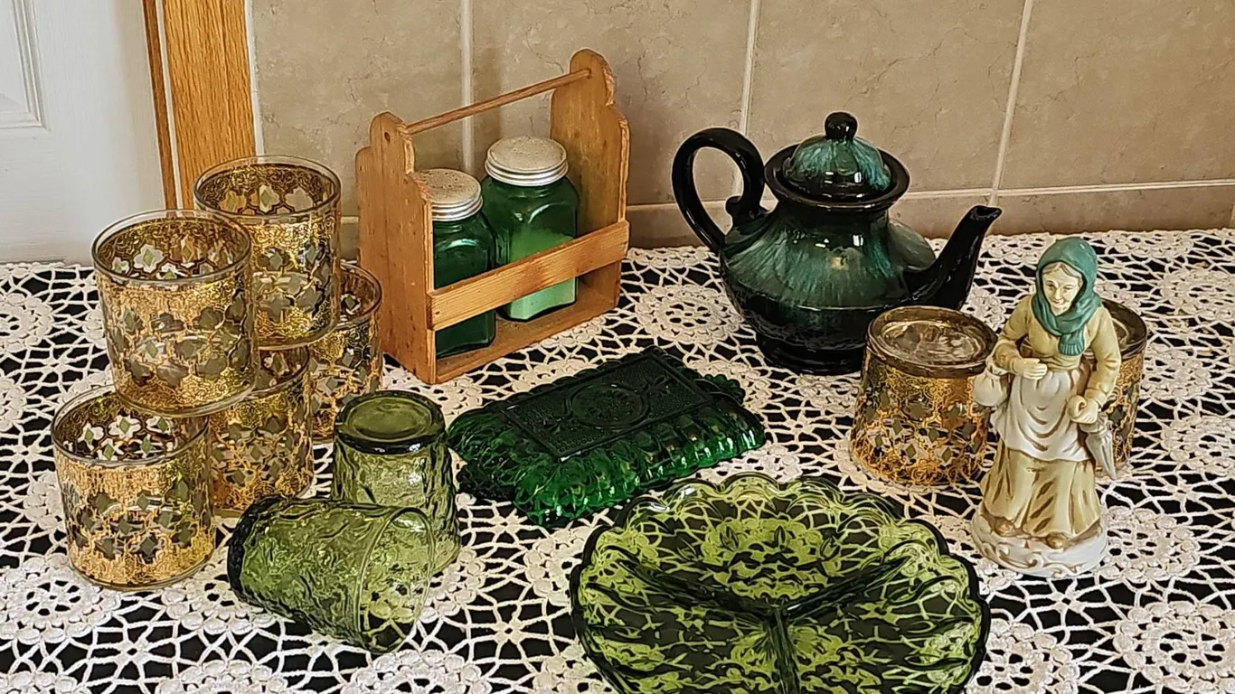 Green Glassware, Gold-Trimmed Tumblers, Figurine, and Caddy