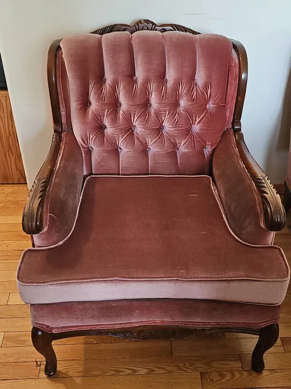 Upholstered Armchair with Carved Wood Detail