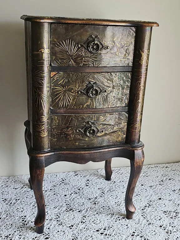 Embossed Metal and Wood Three-Drawer Chest
