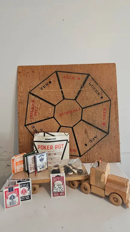 Rummoli Board Set With Poker Pot, Wooden Trucks, Playing Cards