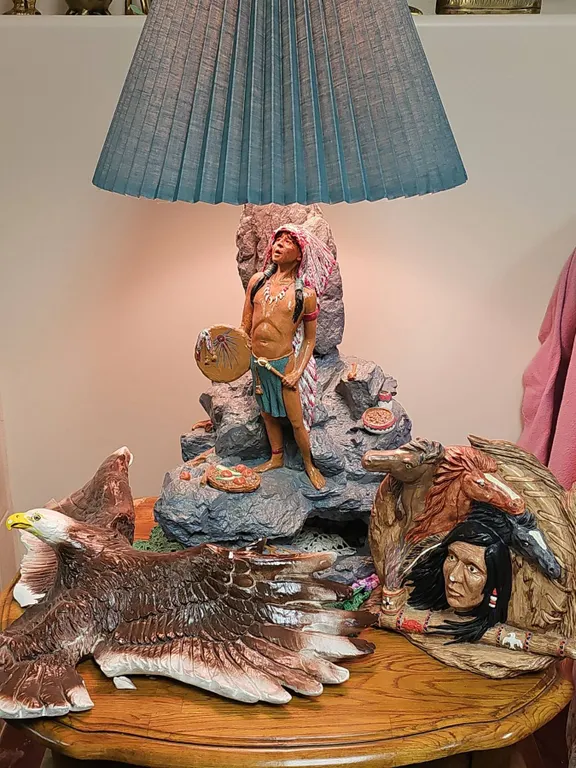Sculpted Native American Table Lamp with Eagle and Warrior Figures