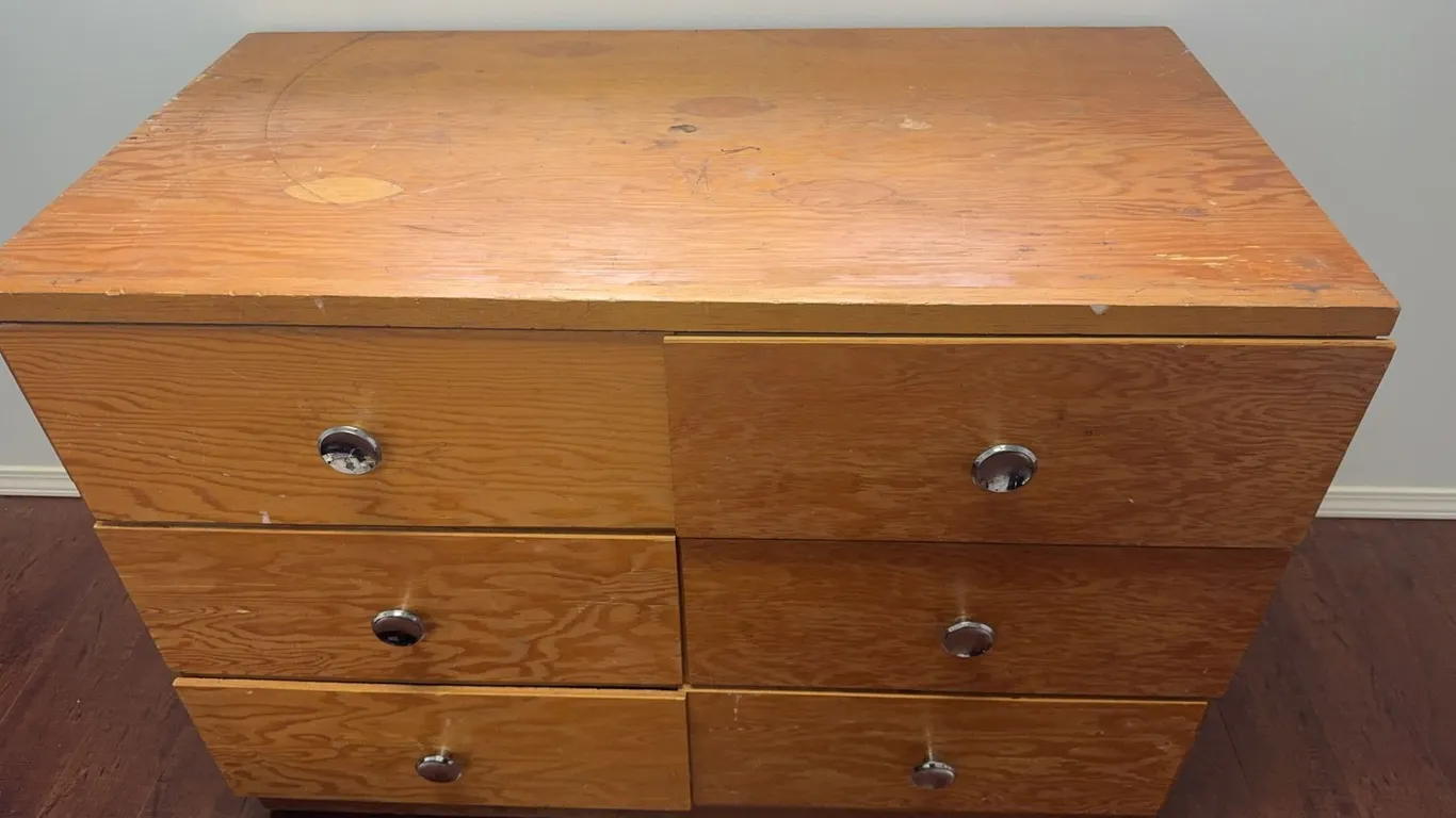 Wooden Six-Drawer Dresser with Metal Pulls