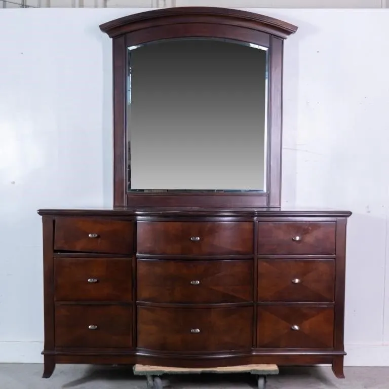 9 DRAWER BOW FRONT DRESSER WITH ARCHED MIRROR
