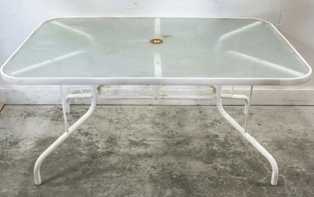 RECTANGULAR METAL PATIO TABLE WITH GLASS TOP