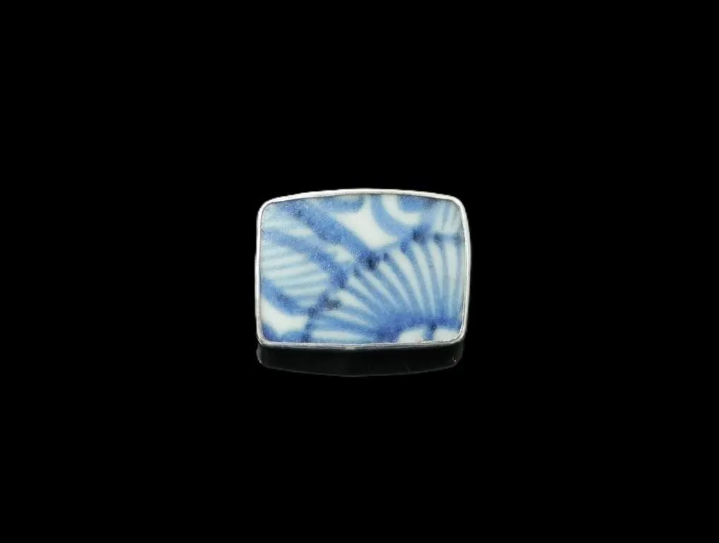 SQUARE 925 SILVER MING DYNASTY POTTERY BROOCH 5.9g