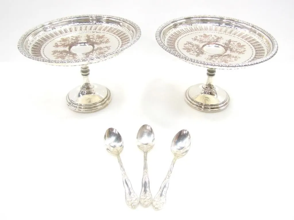 PAIR BIRKS SILVERPLATE COMPOTE DISH + 3 SPOONS