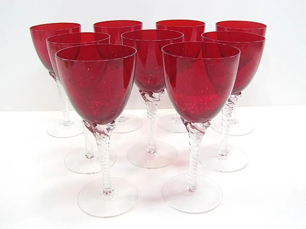 10 CRANBERRY CORDIAL GLASSES W/ TWISTED STEMS