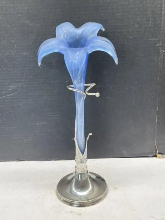Glass Flower Vase with Silver Plate Stand, 15 "