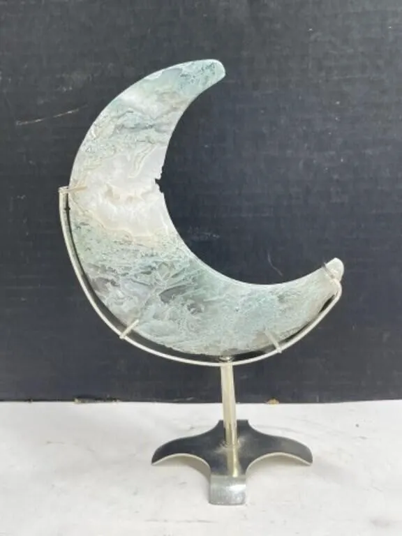 Moss Agate Moon on Stand, 9.5 "