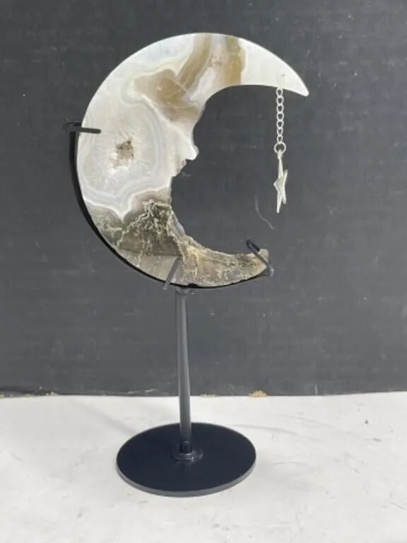 Moss Agate Moon on Stand, 8 "
