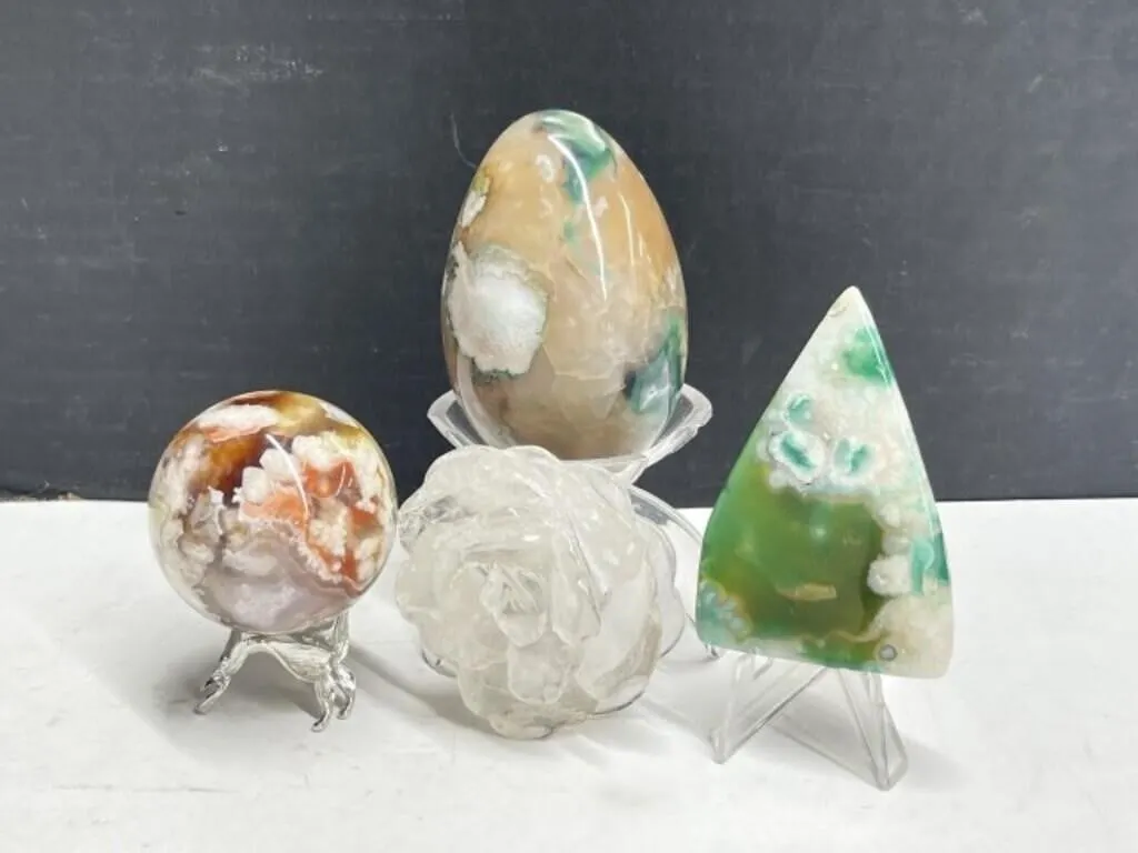 Green Flower Agate Egg & Tear Drop. Red Flower