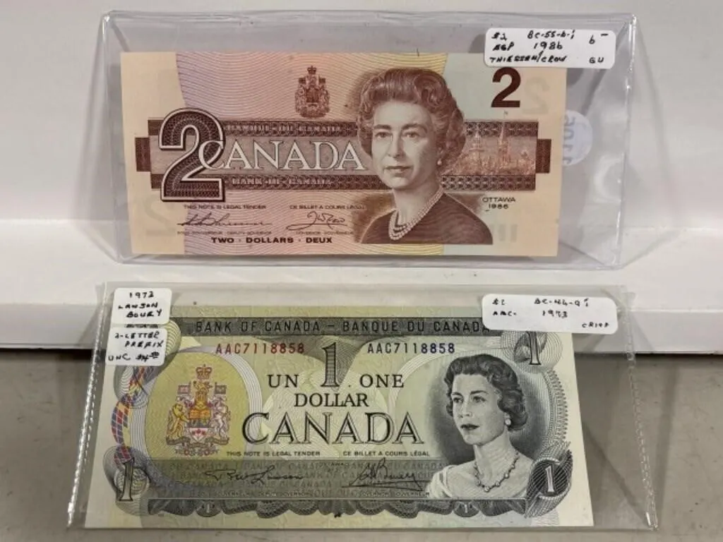 1973 Cdn $1 Bill + 1986 Cdn $2