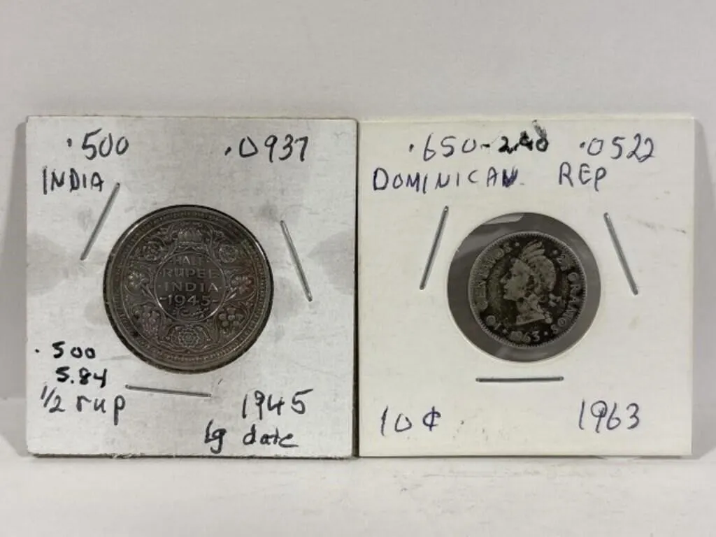 1945 India 1/2 Rupee+ 1963 Dominican Rep 10 Cents
