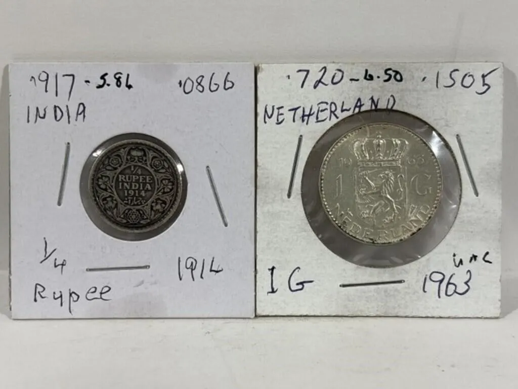 1914 India 1/4 Rupee + 1963 Neth 1 Gulden