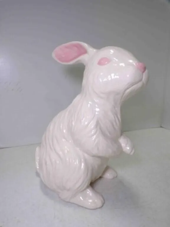 White & Pink Ceramic Rabbit Figurine 11" Tall