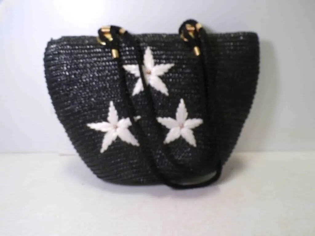 Black Woven Straw Purse White Flower Design