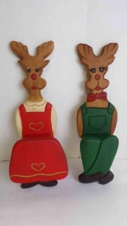 Vintage Hand-Painted Wooden Reindeer Shelf Sitters