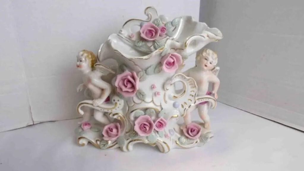 Vintage Porcelain Cherub & Roses Hand-Painted Vase